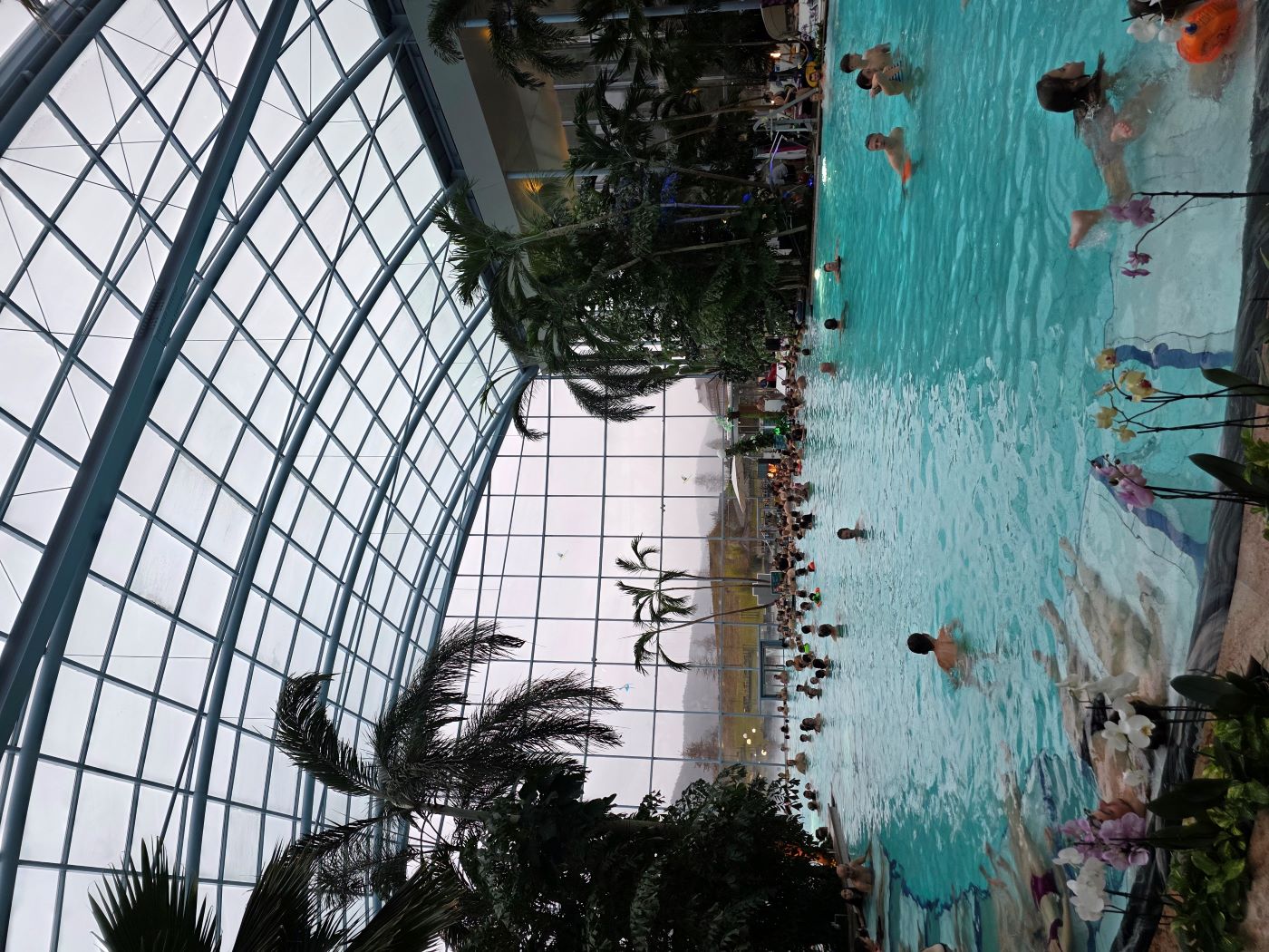 Hallenbad mit großem Pool, Badegästen, gläserner Decke und Palmen.