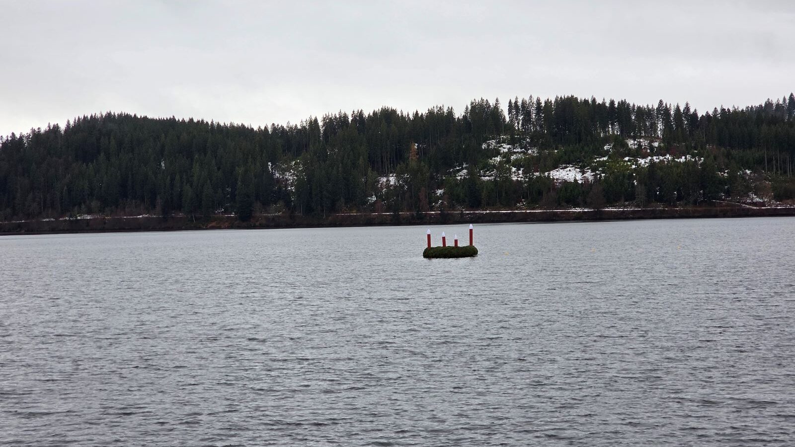 Schwimmender Adventskranz auf dem Schluchsee, umgeben von bewaldeten Ufern im Winter.